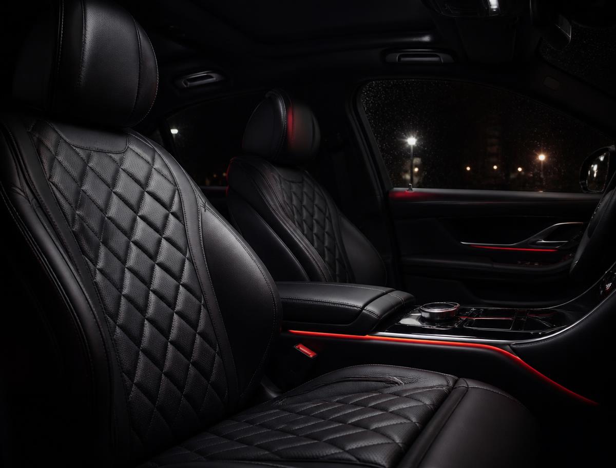 Black quilted leather interior of a luxury vehicle with red ambient lighting